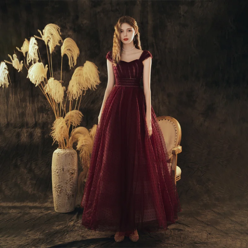 

It's Yiiya Evening Dresses Burgundy Dots Tulle Sleeveless Lace up A-line Floor-length Plus size Women Party Formal Gown A3015