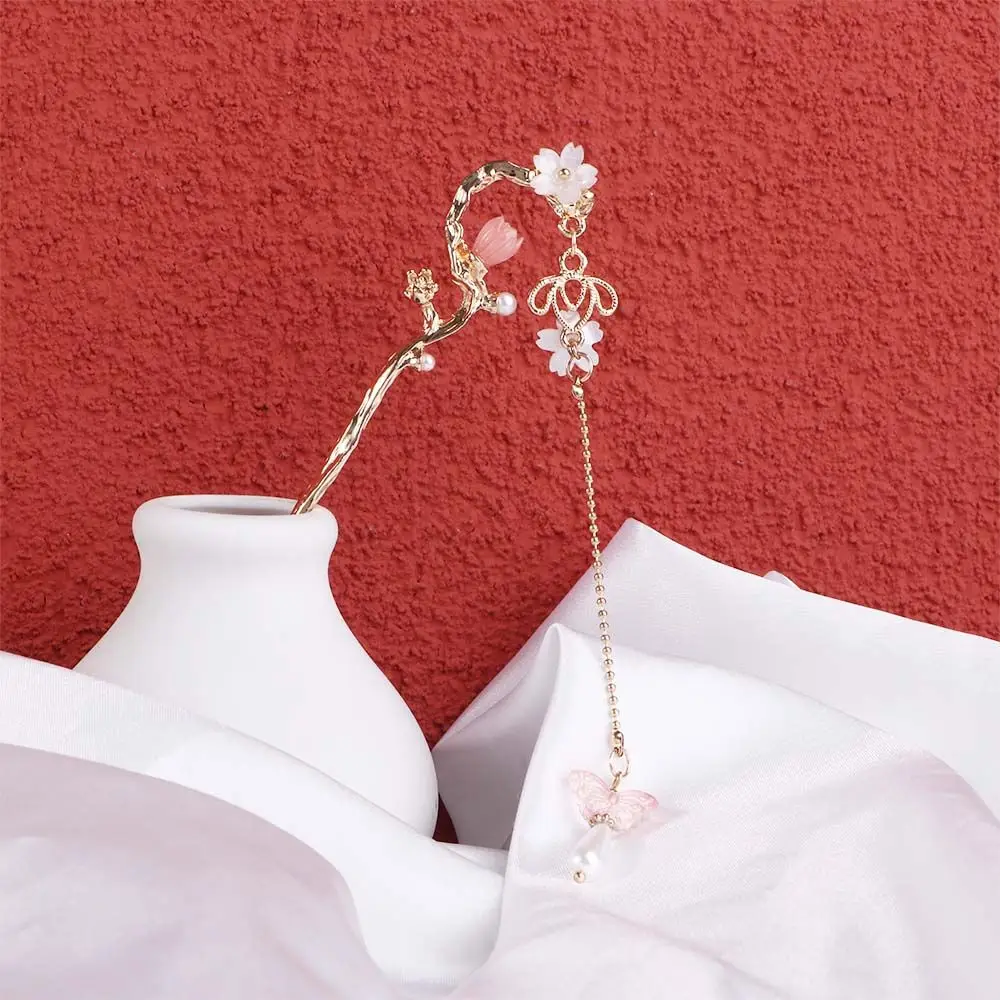Elegant Headwear Bridal Flower Pendent Tassel Pearl Korean Hanfu Hairpins Women Hair Sticks Hair Clip Chinese Hair Fork