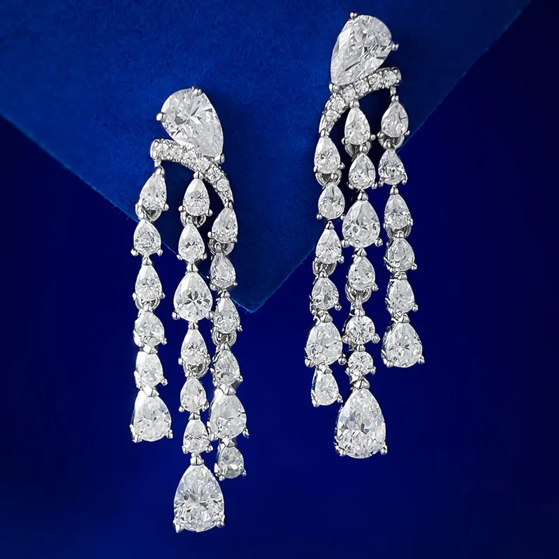 

Luxury embellished water drop tassel white diamond earrings 925 silver temperament earrings and earrings for women's fashion