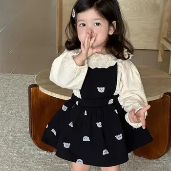 2025 Autumn New Baby Girl Sleeveless Dress Cute Bear Print Girls Vest Dress Children Casual Strap Dress Kids Clothes