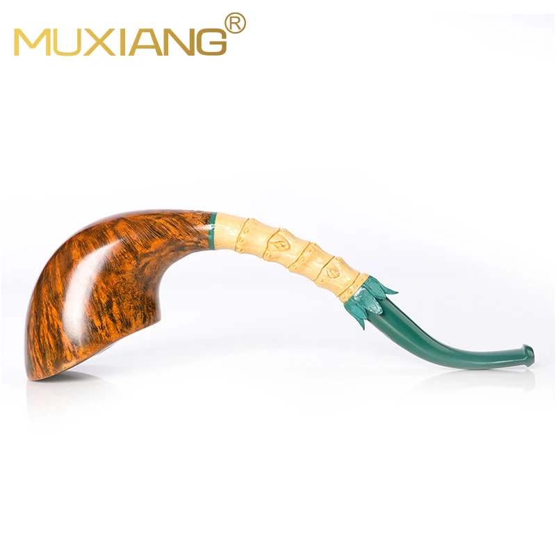MUXIANG 브라이어 담배 파이프, 손으로 조각한 회양목, 곡선 손잡이, 브라이어 파이프 그릇, 굴착지 파이프 입구, 중국 스타일 파이프