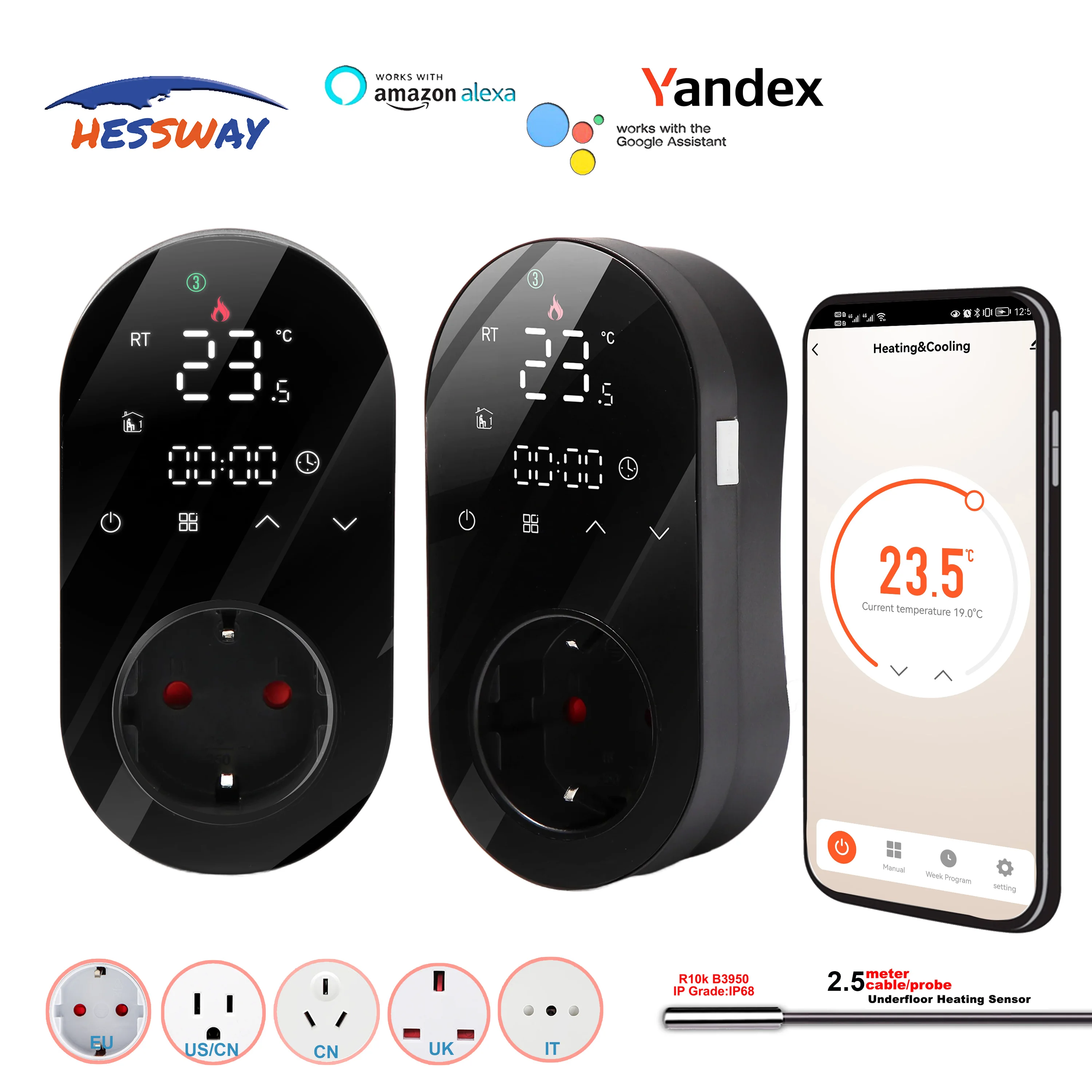 EU 에너지 절약 온도 조절 난방 케이블 온도 조절기 플러그 인 16A 4KW, 알렉사 구글 홈 Yandex LED/LCD 쇼와 함께 작동