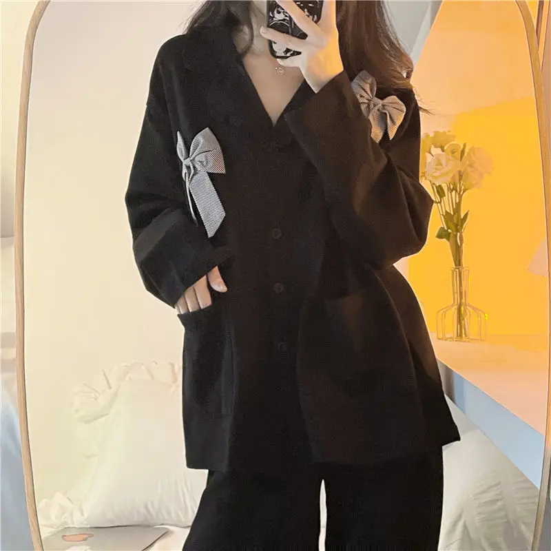 

Korean style pajamas women autumn winter new sweet long-sleeved outer cardigan loose large size bow home wear set freshing chic