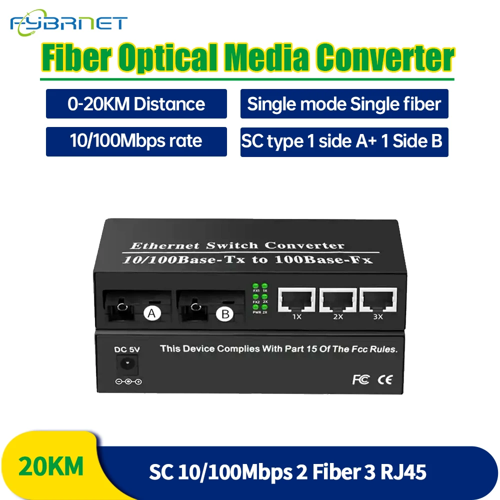 1 Pc 2F3E 10/100M Fast Ethernet 2 Fiber 3 RJ45 fiber switch Optical Media Converter Ethernet SC Single Mode Fiber Switch