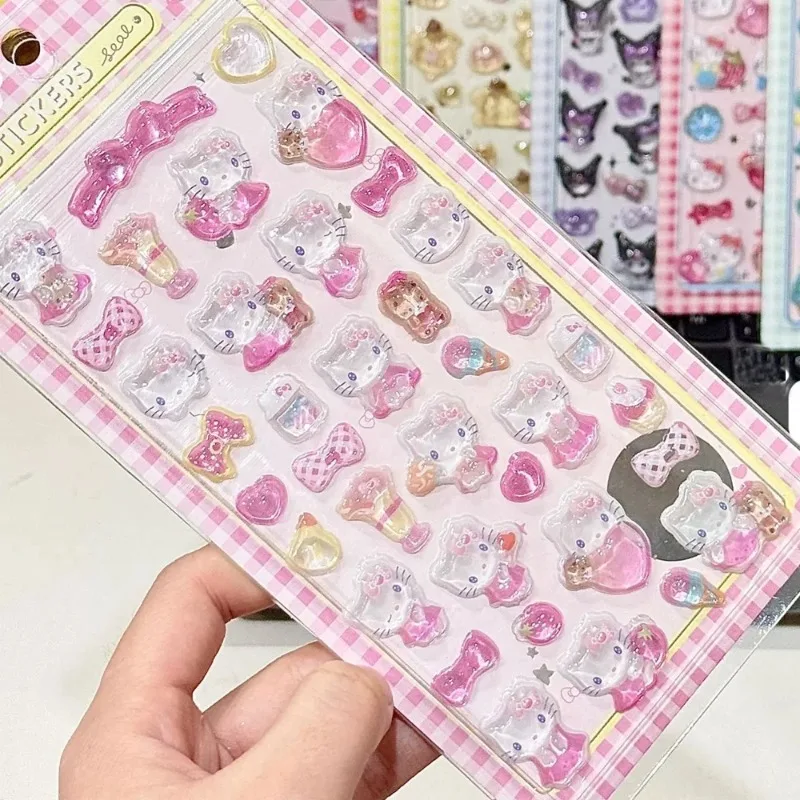 3D Sanrio Hellokitty Kuromi 스티커 귀여운 애니메이션 투명 젤리 크리스탈 장식 DIY 스티커 전화 케이스 어린이 장난감 파티 선물