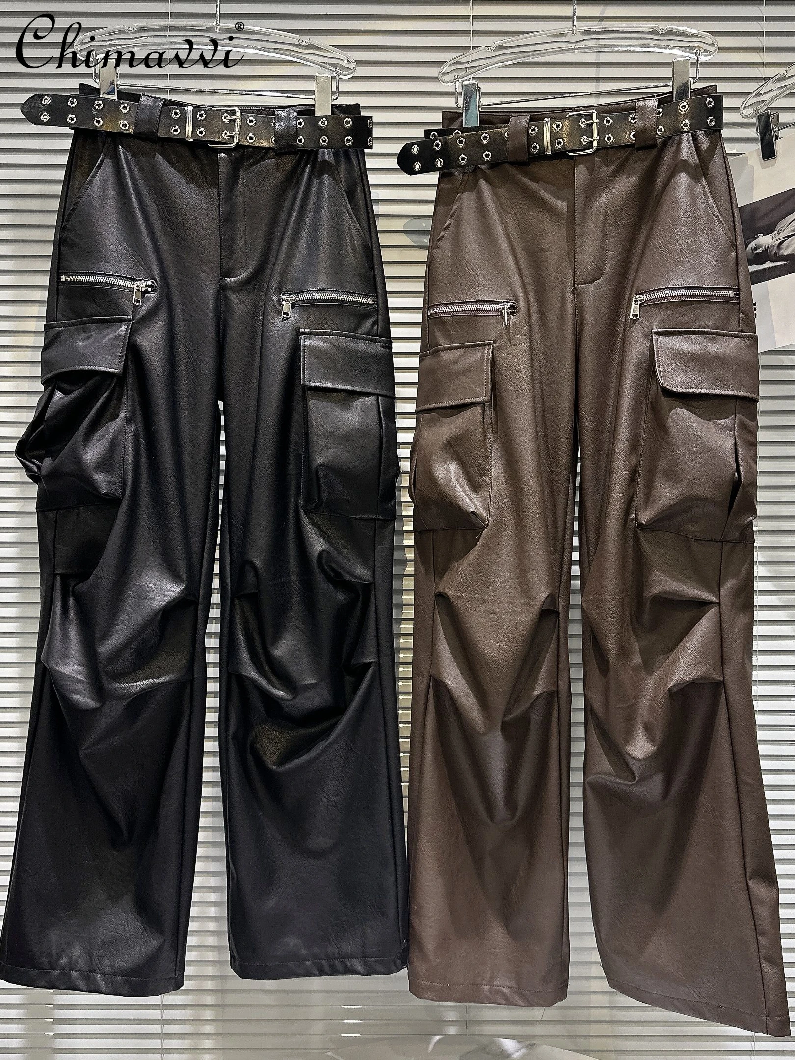 

Women's Trousers 2023 Autumn Clothes New Fashion Rivet Belt Side Pocket PU Leather Hot Girl Overalls Streetwear Leather Pants
