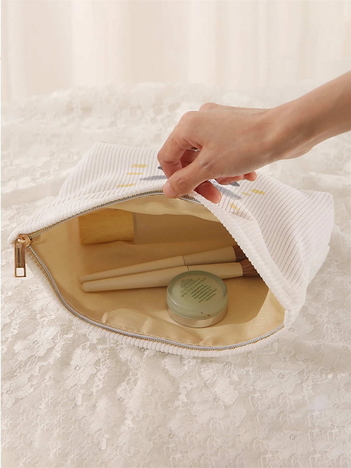 1pc elephant pattern printed corduroy makeup bag, lightweight zipper makeup storage box, multifunctional bag with lining