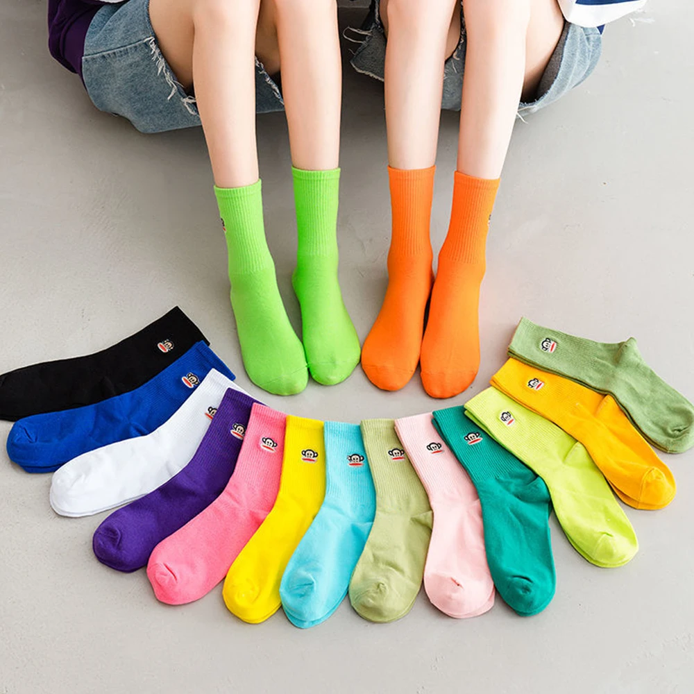 Cartoon Women Socks 3Pairs Solid Color Middle Tube Candy Sock Cute Monkey Fashion Trendy All-Match Comfortable Pure Cotton Sock