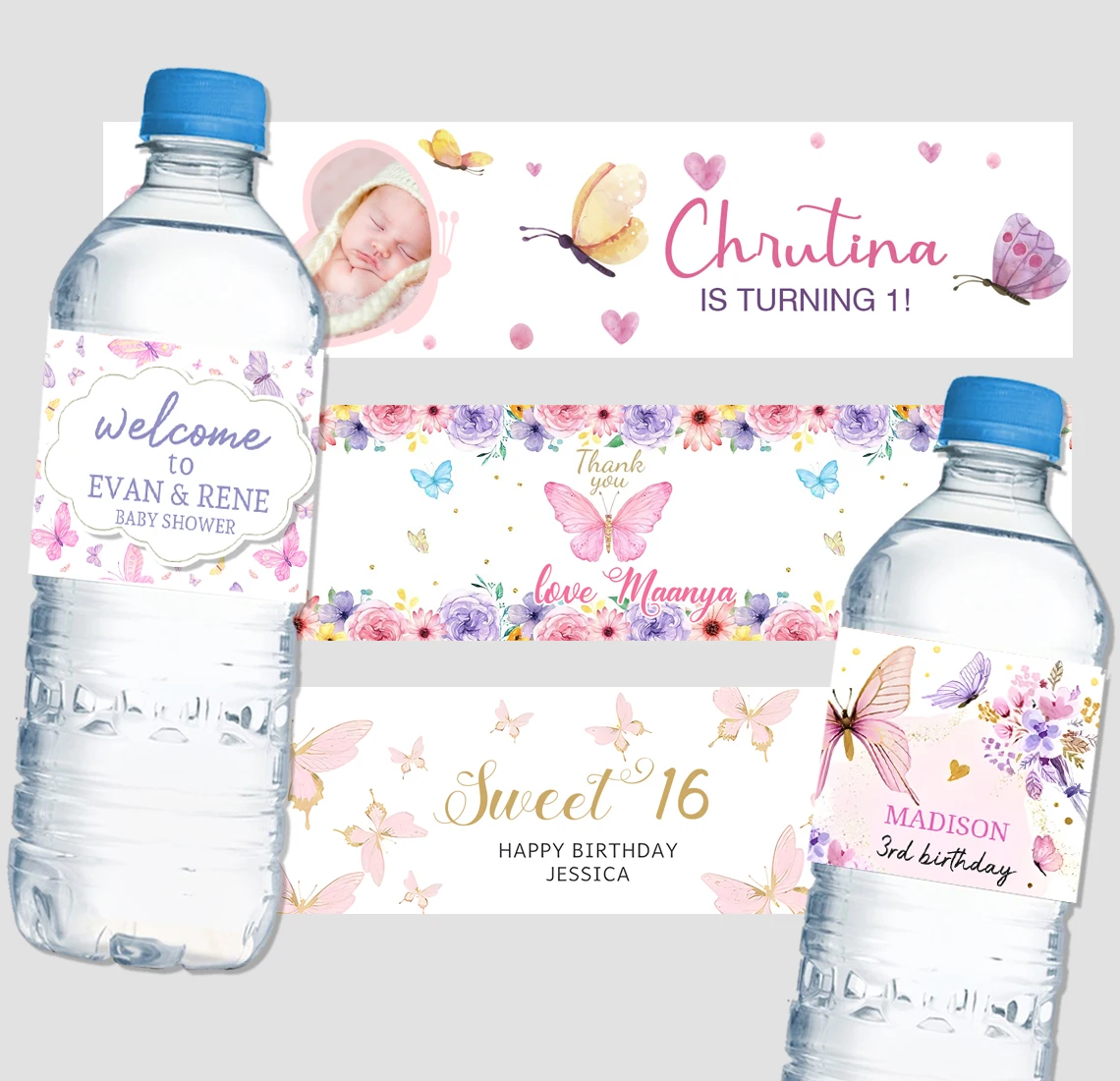 

Custom Personalized Butterfly Birthday Party Water Bottle Stickers Floral Bottle Labels Girl Happy Birhday Baptism Wedding Decor