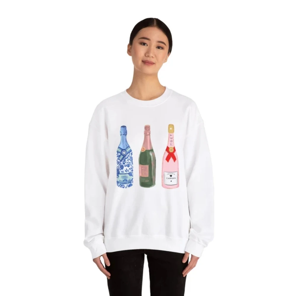 Champagne Bottles Lovers Sweatshirt Yes Way Rose Champagne Problems Shirt Coquette Aesthetic Y2k Cute Pink Kawaii Harajuku Top