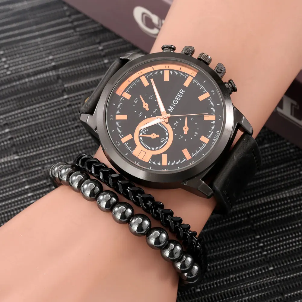Premium Gold Watch Bracelet Set Men Luxury Leather Wristwatch Quartz Numerals Dial Male Elasticity Bangles Gift Box for Husband
