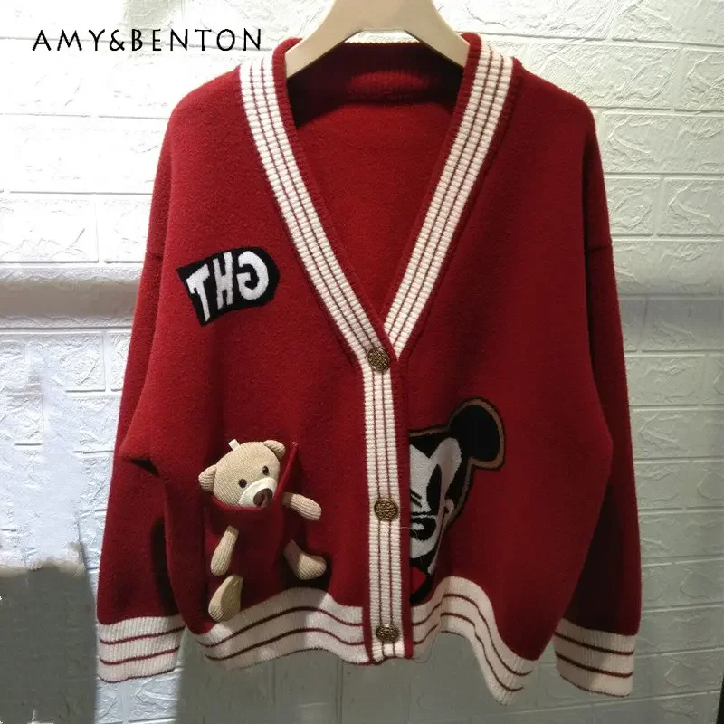 

Potdemiel Fall Cardigan Sweater Long Sleeve Contrast Color Mink-like Wool Cartoon Loose All-Matching Youthful-Looking V-neck Top