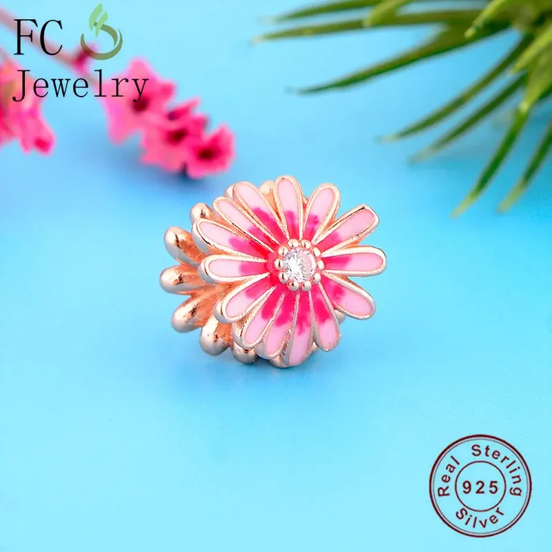 

FC Jewelry Fit Original Pan Charms Bracelet 925 Silver Pink Enamel Daisy Sunflower Blooming Bead Making Women Berloque 2024