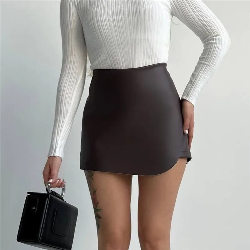 Shestyle Women Shorts High Waist Sexy Elegant PU Faux Leather Skirts Office Lady A-Line Asymmetrical Bottom Clubwear Workwear