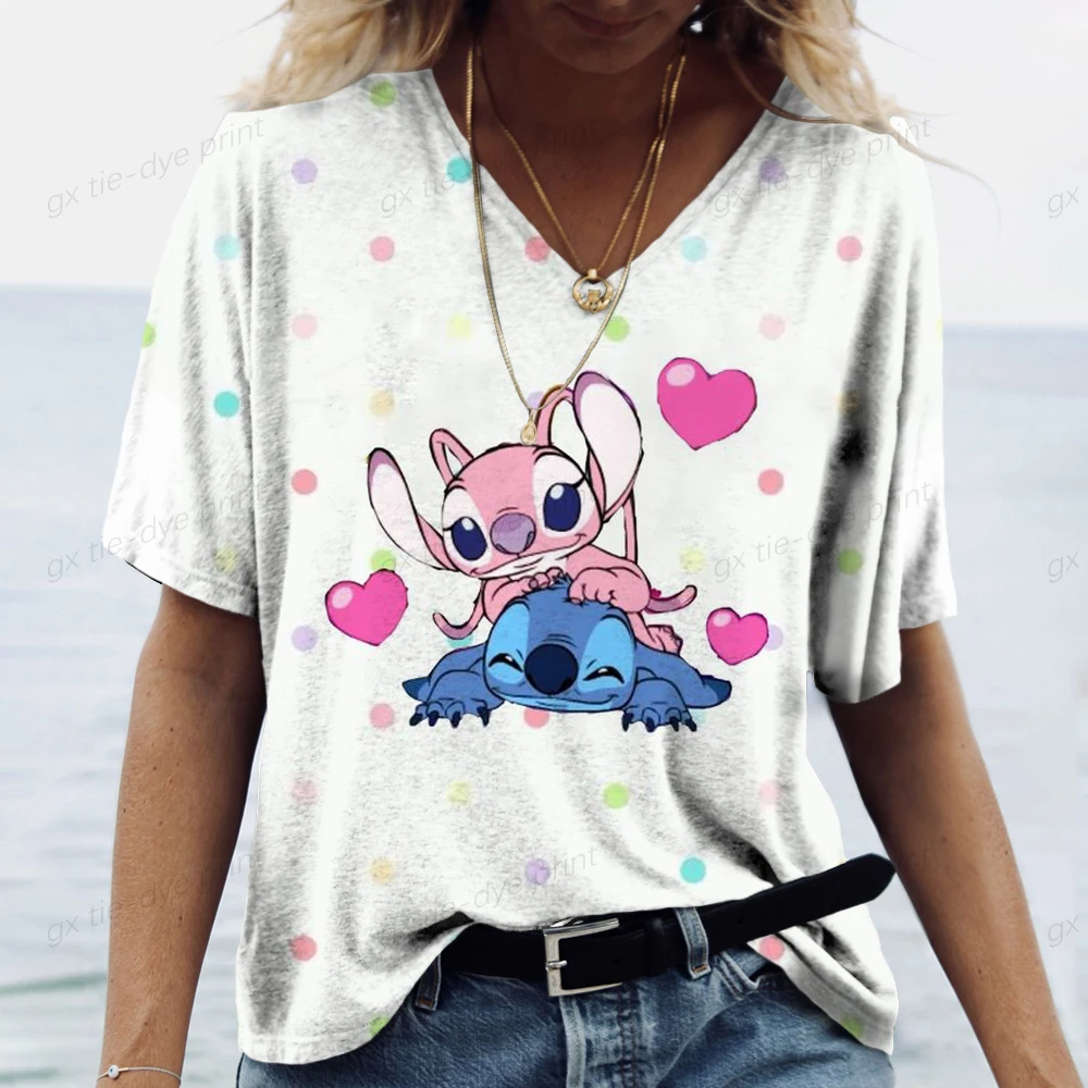 

New Women's T-shirt Fashion Lilo&Stitch3D Printed V-neck Short Sleeve Summer Outdoor Leisure Street Comfortable
