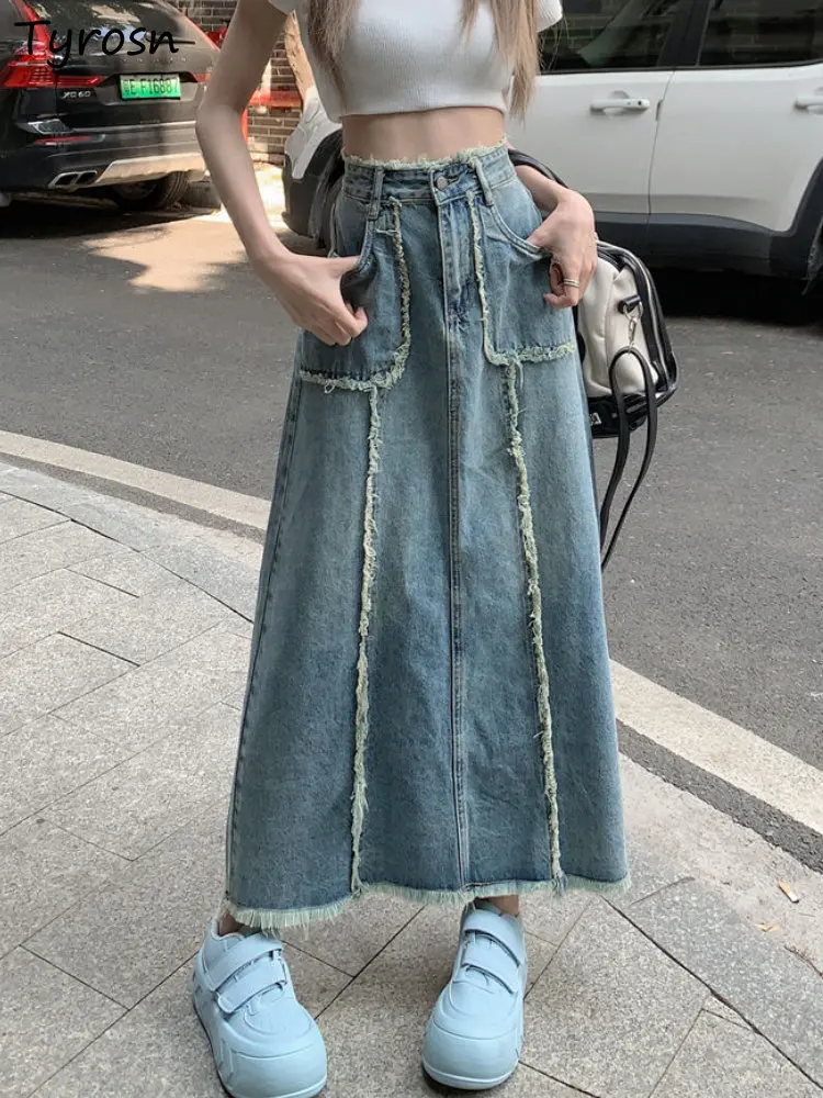 

Skirts Women Pockets Elegant Design All-match Summer Empire Cozy Korean Style Midi Faldas Denim Popular Leisure Daily Streetwear