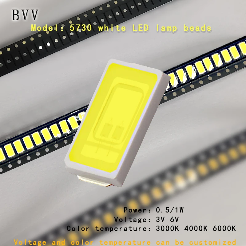 100PCS 5730 white light SMD LED beads, power:0.5W, voltage3V, current: 150mA, color temperature:3000K/4000K/6000K High brightnes