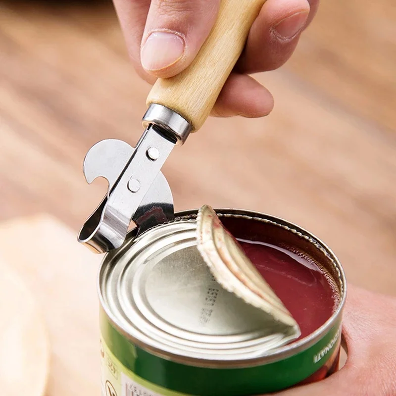 Manual Can Opener with Wooden Handle for Kitchen and Restaurants