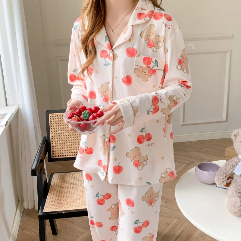 Spring Autumn Women's Pajamas Lapel Long Sleeve Cardigan Pants Loose Fitting Casual Jacquard Home Clothing Set Sweet Sleepwear