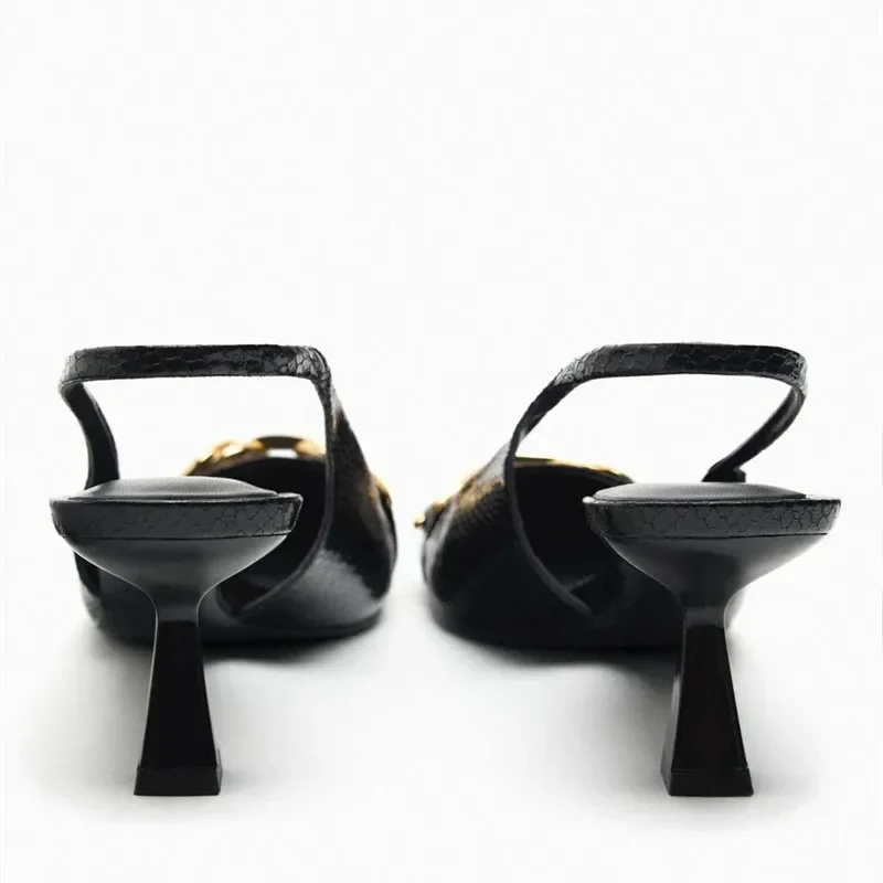 Summer Golden Decorative Women Shoes Woman Black Pointed High Heels Shallow Thin Heel Woman Pumps Slingback Sandals