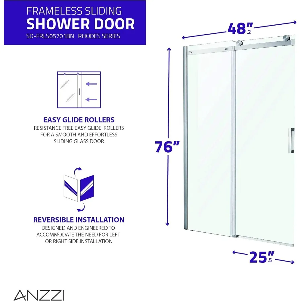 76" x 48" Frameless Shower Door in Brushed Nickel, Rhodes Water Repellent Glass Shower Door 3