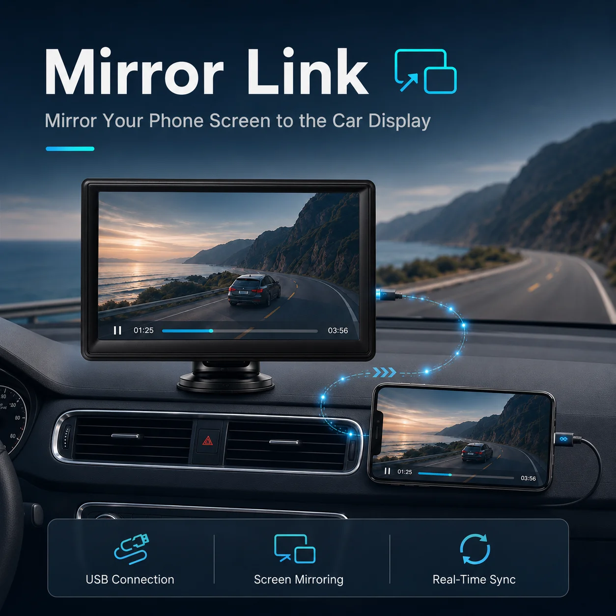 Pantalla CarPlay Portátil de 7 Pulgadas, Estéreo Inalámbrico para Auto con Android Auto, Pantalla Táctil IPS, Bluetooth, Mirror Link, Radio Universal para Auto 5