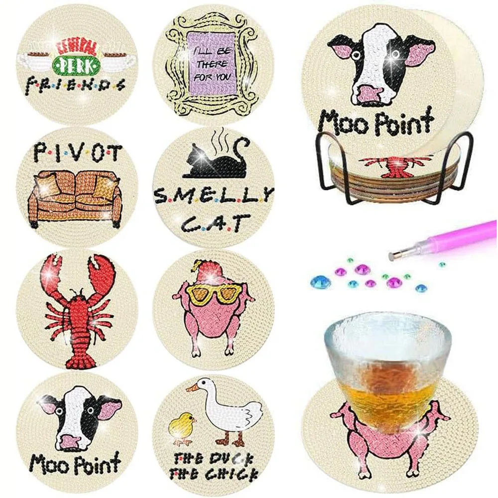 8pcs 5D Friends Diamond Painting Coasters Kit DIY Diamond Art Coasters with Holder Non Slip Coaster for Kids Holiday Gifts