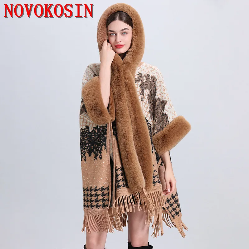 

2022 Winter New Year Women Houndstooth Poncho Batwing Sleeve Cloak Faux Fur Loose Cape Thicken Warm Out Streetwear Coat With Hat