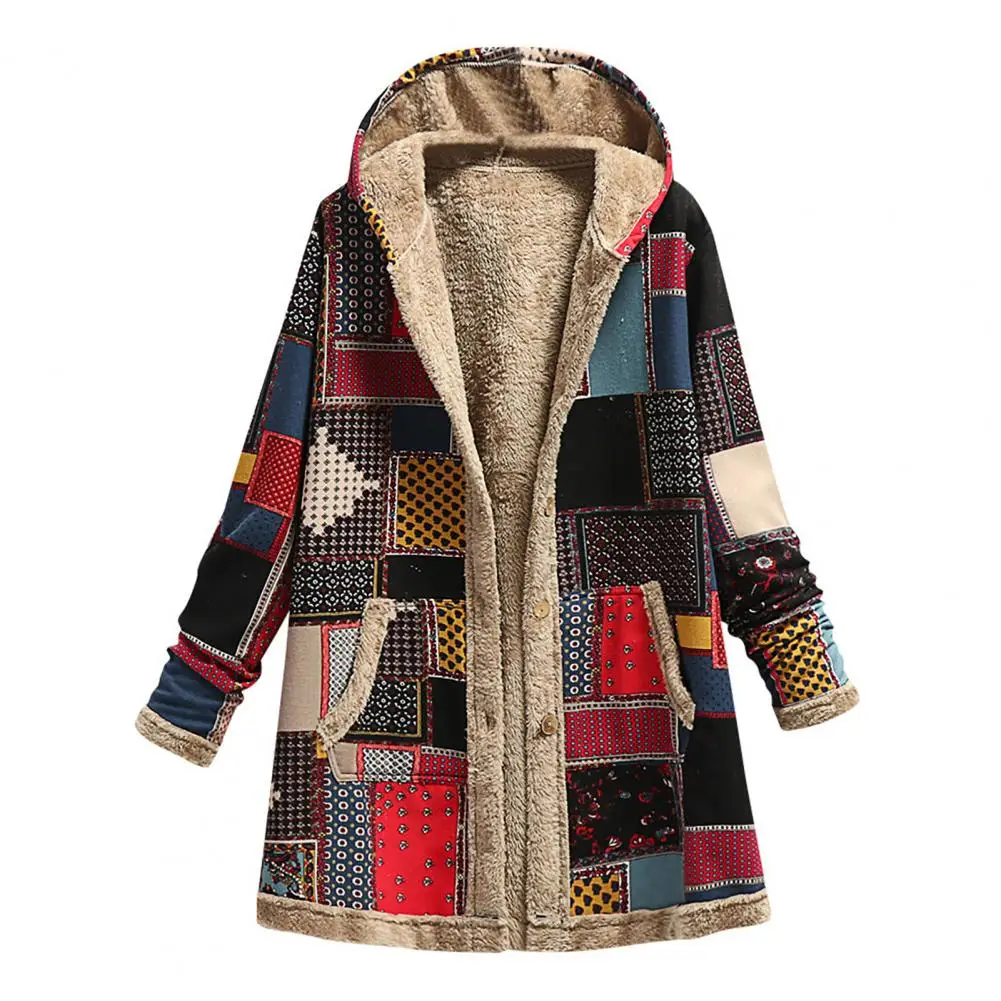 

Long Coat Single Breasted Women Overcoat Women Overcoat Keep Warm Hooded Polyester Ethnic Pattern Winter Coat Women Jacket