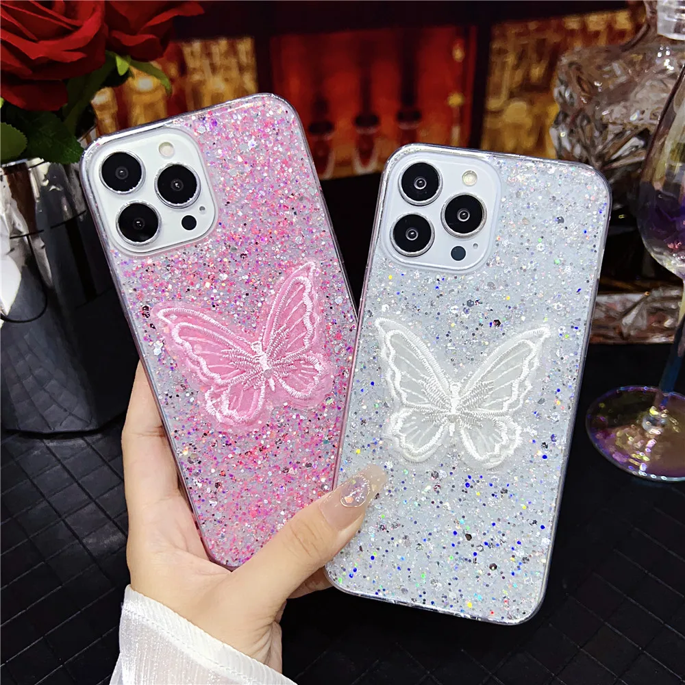 Coque de téléphone à paillettes papillon 3D, étui en Silicone souple pour iPhone 15 14 13 12 11 Pro Mini X XS Max XR 7 8 Plus SE 2020_voghion.com