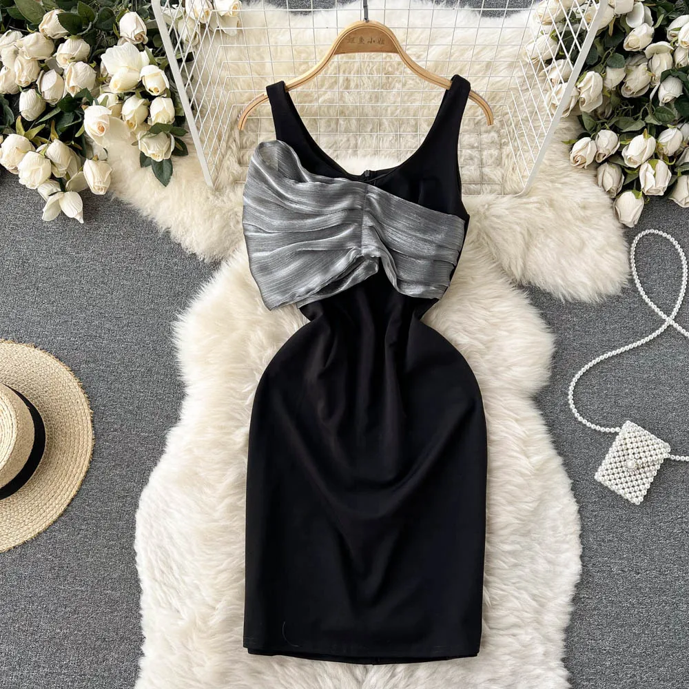 

Summer New Design Sense of Niche Organza Stitching Temperament Sleeveless Slim Dress Suspender Dress Small Black Dress Fashion