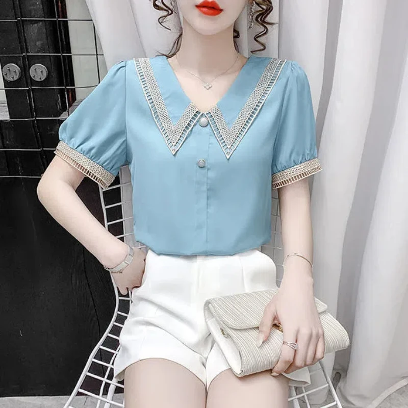 스위트 레이스 패치워크 할로우 아웃 블라우스, 반팔 쉬폰, 단색 루즈 셔츠, 오피스 패션, 여성 의류, 여름 신상
