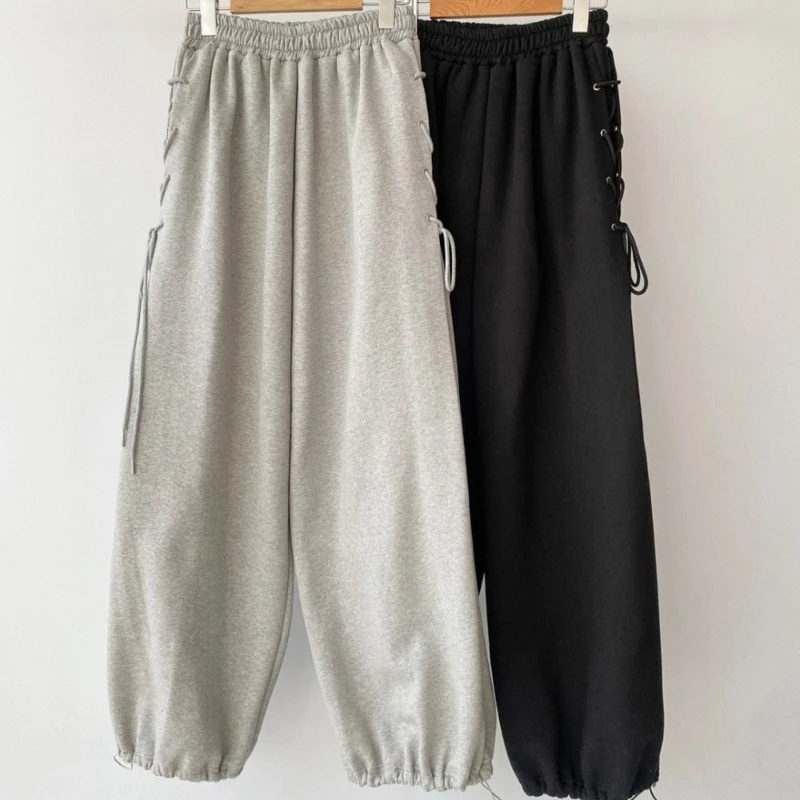 Y2K Side Eyelet Sweatpants Lace Up Drawstring Pants Streetwear Women Korean Pop Clothes Trend Harajuku Classic Baggy Trousers 2