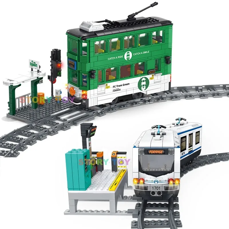 Technical City Power Train Railway Track Building Blocks Subway Station Vehicle Assemble Bricks Toys Gift For Children Kids Boys 1