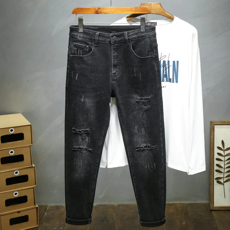 

New autumn and winter stretch jeans for men ripped patch slim straight leg pants