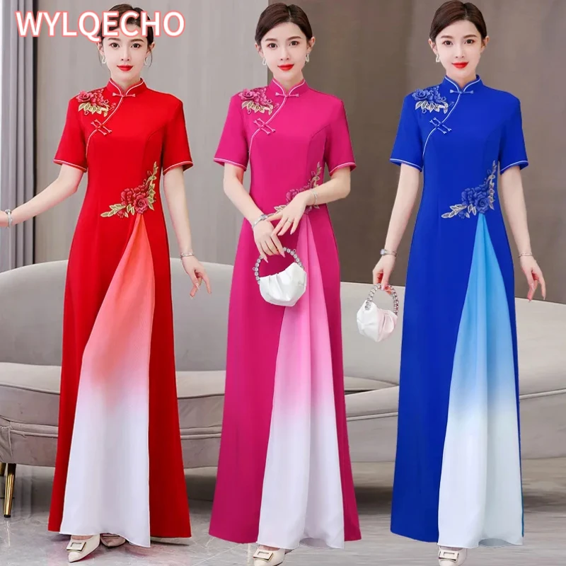 

Chinese Style Cheongsam Vietnam Aodai Cheongsam Embroidery Dress Vintage China Traditional Qipao Oriental Dress Eveing Dresses