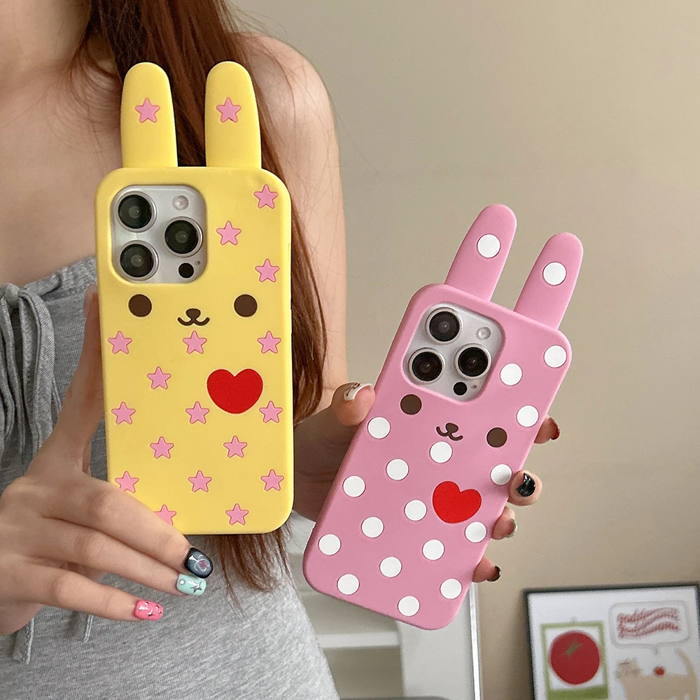 Kawaii Lovely 3D Cartoon Rabbit Soft Silicone Case for iPhone 16 15 14 13 12 Pro Max Funny Shockproof Back Cover Capas 1