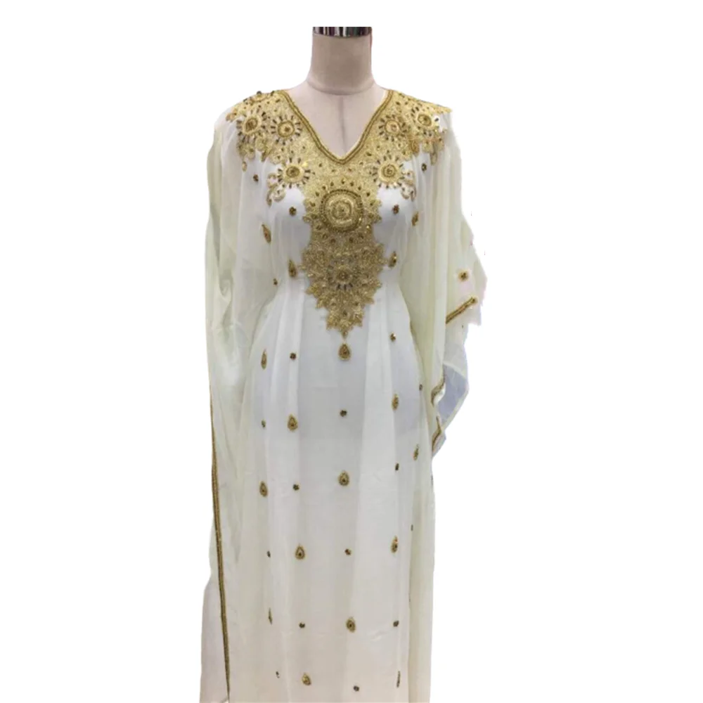 WHITE GEORGETTE MOROCCAN KAFTANS ABAYA DRESS FANCY LONG GOWN FARASHA