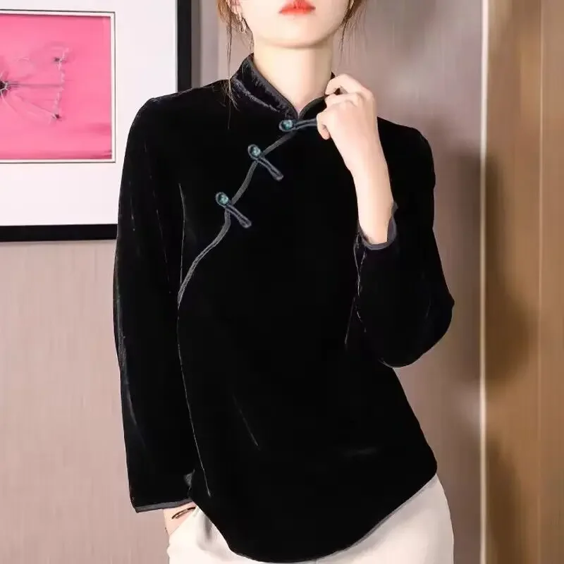 Spring Retro Elegant Long Sleeve Loose Long Tradition Cheongsam Dress Loose Chinese Collar Modern Improved Qipao