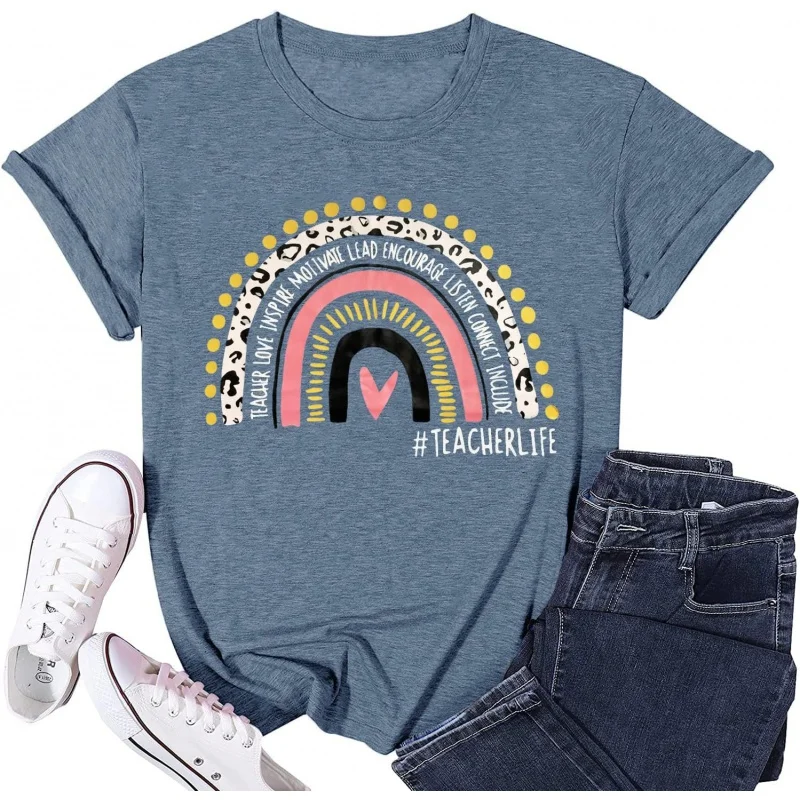 

Women Teacher Life Shirt Cute Rainbow Leopard Graphic Letter Print Kindergarten Teachers Gift Inspirational Workout Tops