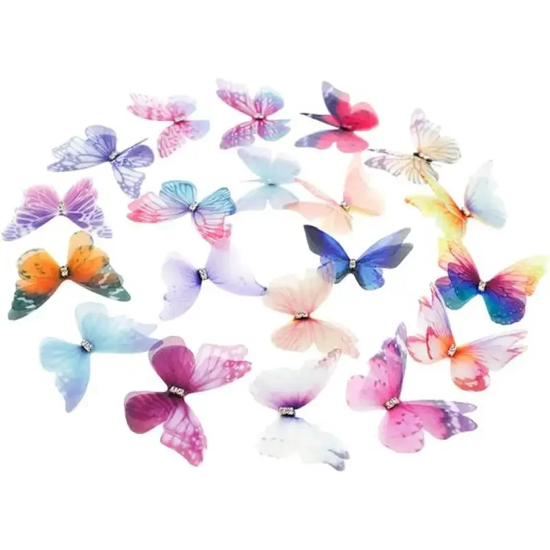 20pcs Organza 나비 다채로운 2 레이어 나비 Applique 3D 벽 장식 DIY 나비 장식 공예 결혼식 장식