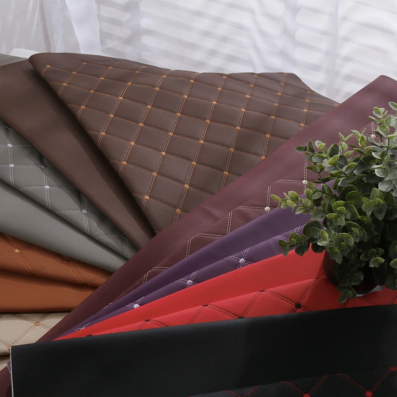 Embroidered Plaid Quilted PU Leather Fabric for DIY Upholstery Projects