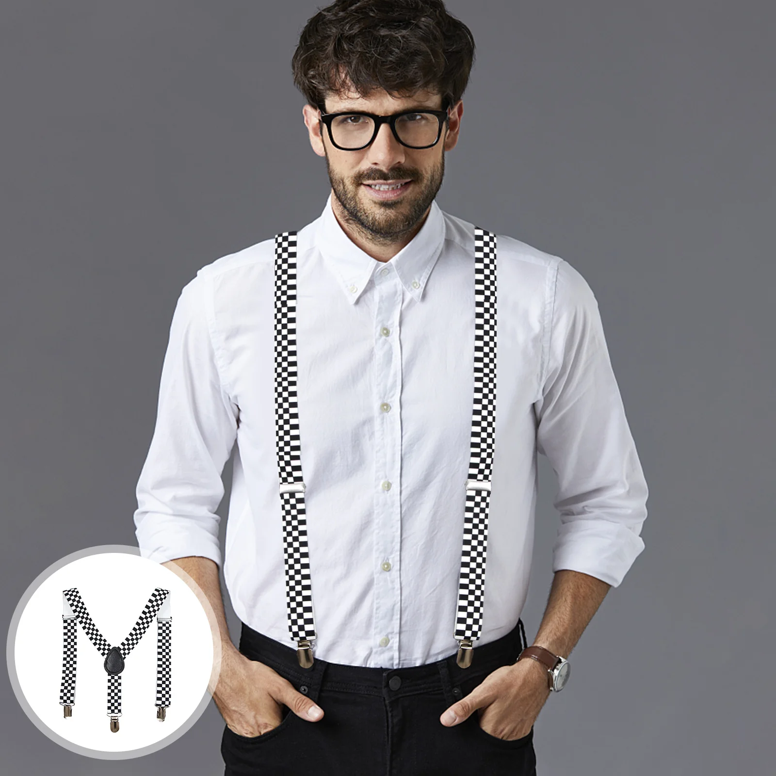 

Checkered Clip-on Braces Elastic Y-back Suspender (Black+White)