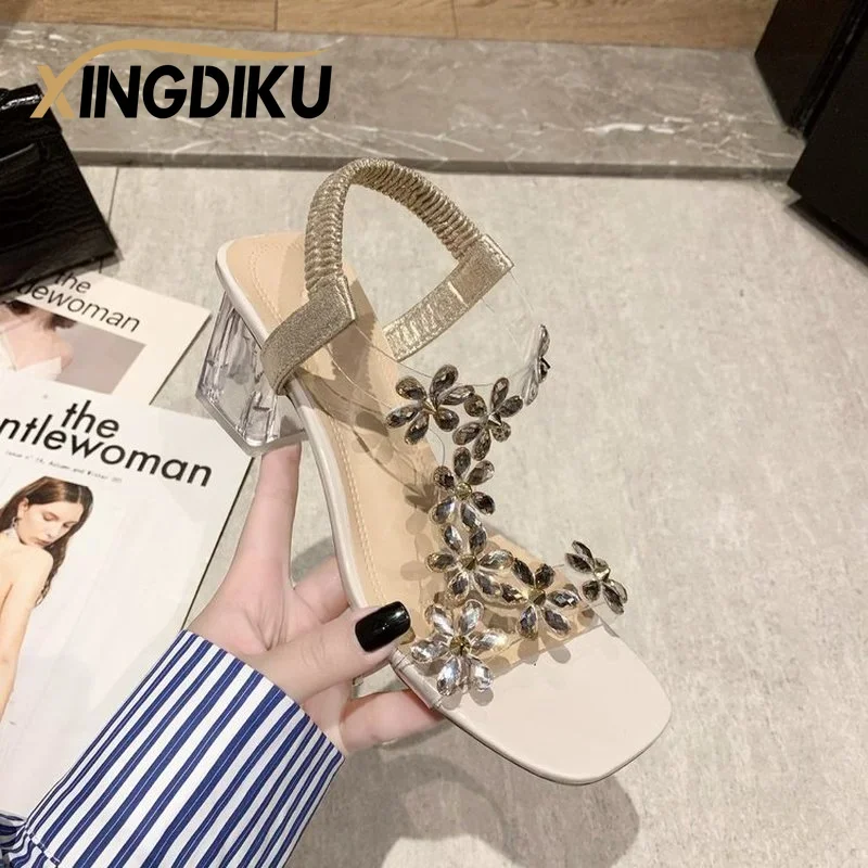 Women Sandals Women High Heels High-heeled Sandals Summer Small Flower Decoration Buckle Transparent Square Heel