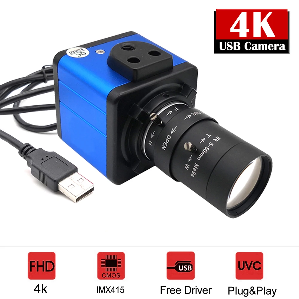 Industrial 2.8-12mm 5-50mm Varifocal Manual Zoom 4K IMX415 Sensor 3840x2160 30fps High Speed USB Webcam PC Video Camera