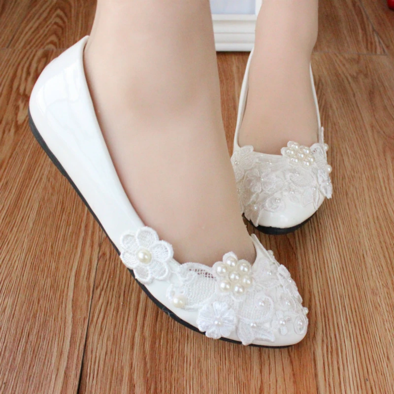 New 2020 White Flat Bride Shoes, Wedding Lace Pearl Shoes,low Bridesmaid - Flats - AliExpress
