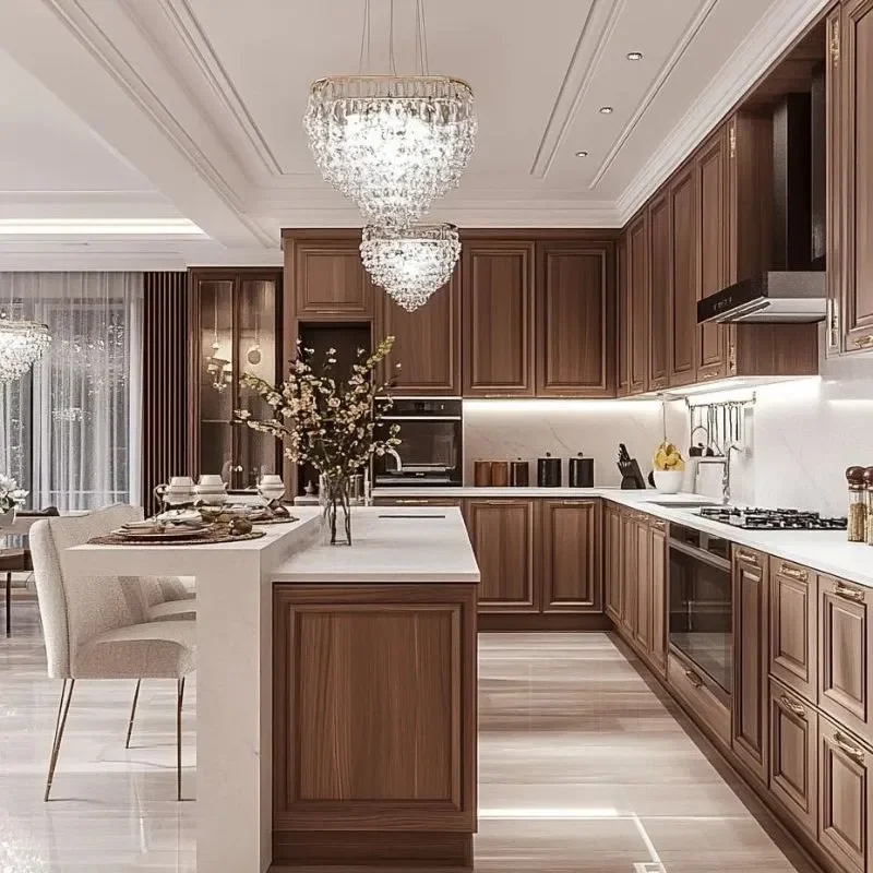 ตู้ครัวรูปตัวแอลสุดหรูพร้อมไอส์แลนด์ - ทำตามสั่ง เคลือบแลคเกอร์เงาสูงและท็อปเคาน์เตอร์ควอตซ์ 1