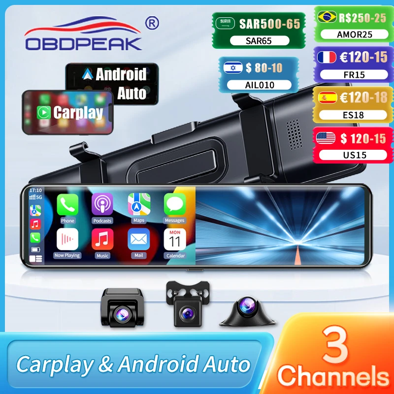3 Cameras Dash Cam Carplay & Android Auto 2.5k 2560*1440p Rearview Mirror Video Recording Wifi