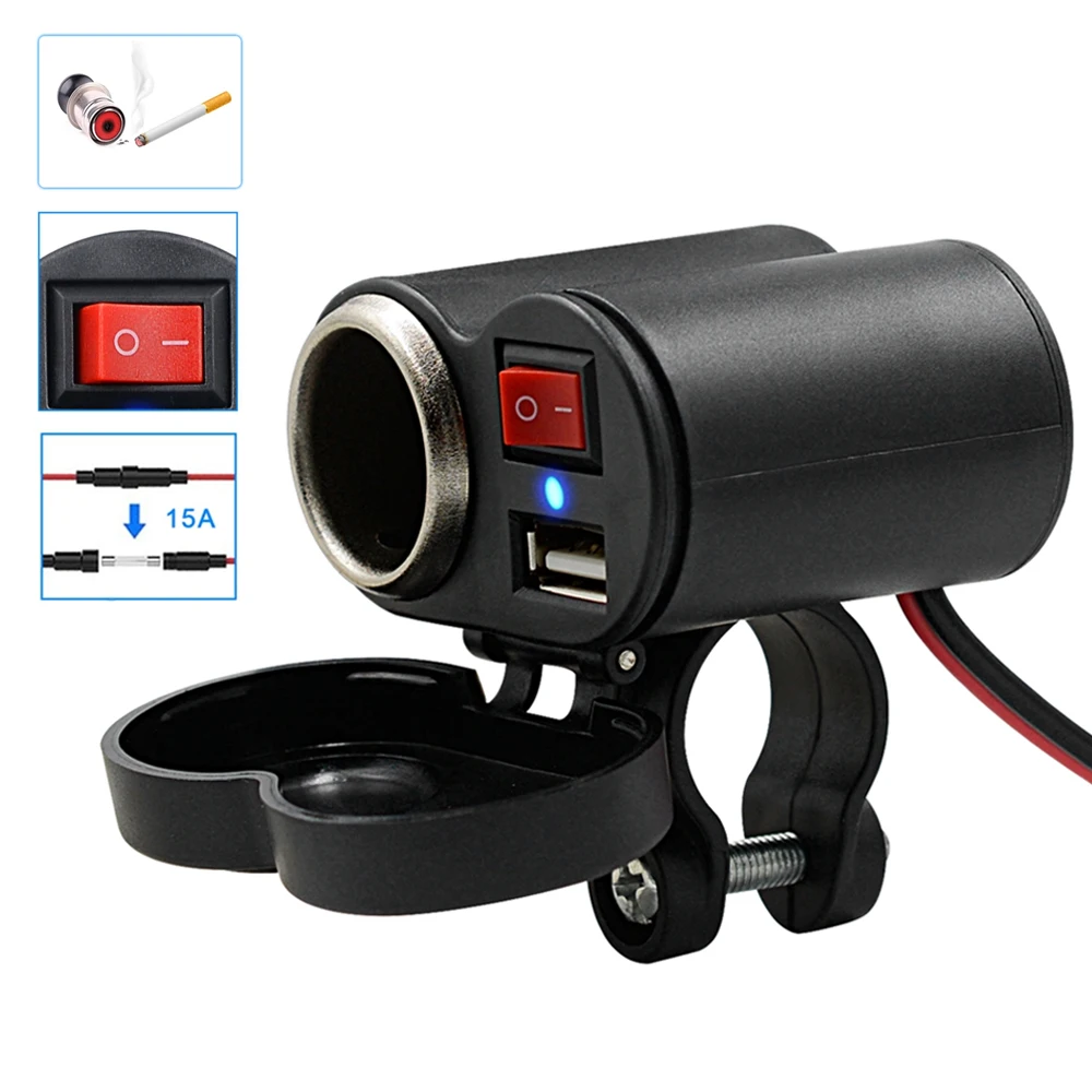 

Motorcycle Cigarette Lighter with USB Charger Switch 5V/2A Motor Multifunctional Charger ON / OFF Switch Waterproof Dust Cover
