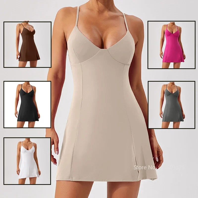 Women Outdoor Sports Tennis Dress Ladies Sexy Straps Yoga Dress Female Casual with Shorts Sports Slip Skirts Backless Sportswear